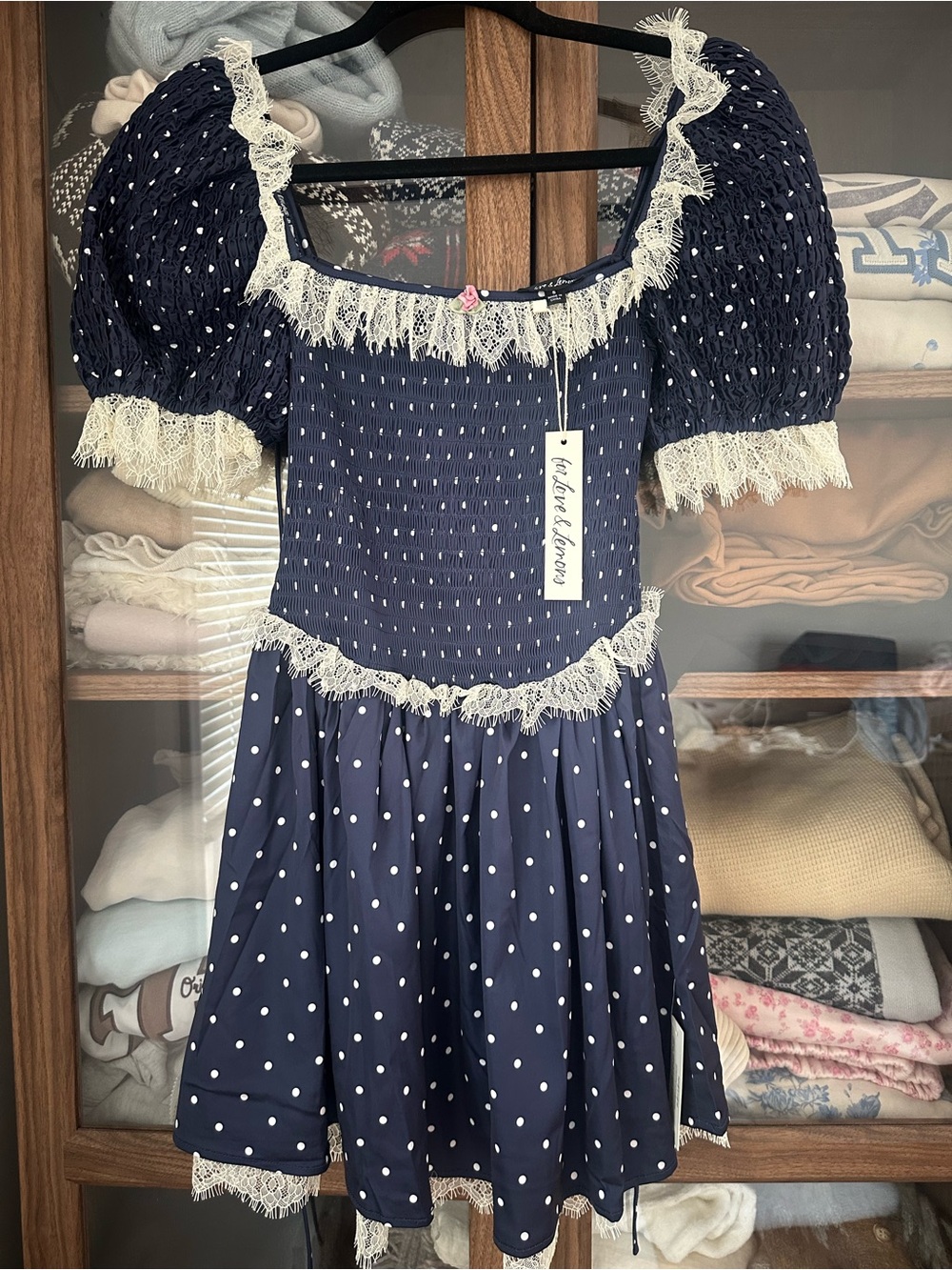 For Love And Lemons Navy Polka Dot Lace-Trim Mini Dress - Picture 5 of 8